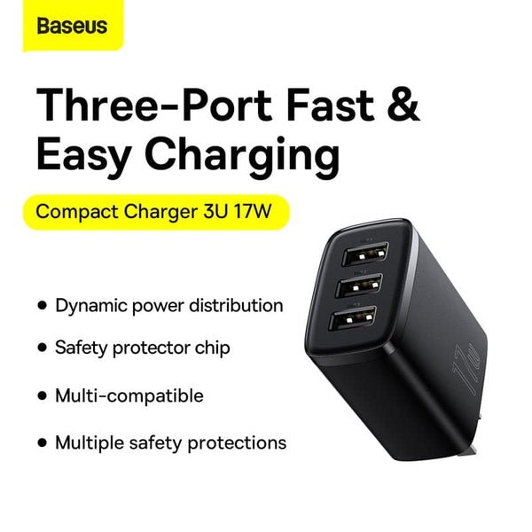 Baseus Charger 17W 3 Usb Output Black US Plug CCXJ020001