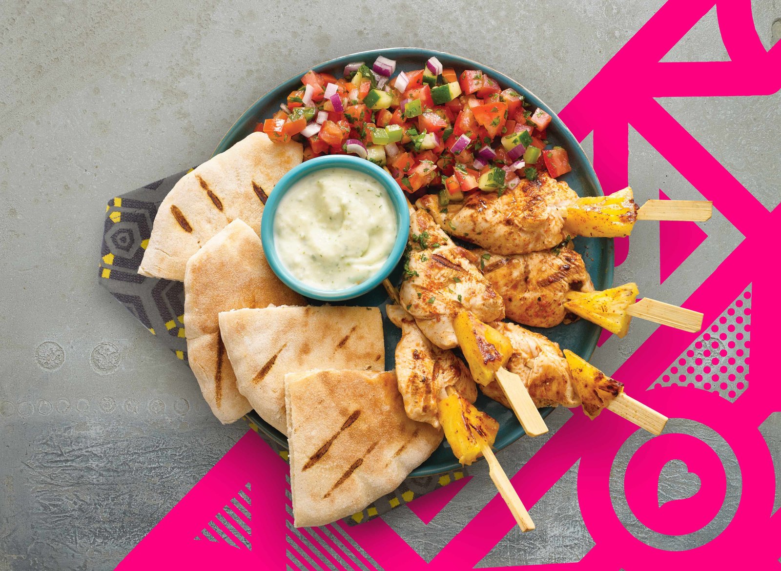 Chicken & Pineapple Skewers, Pita & Fresh Salsa